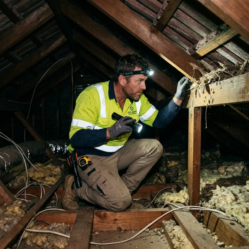 Technician inspecting a roof cavity for a dead animal in South Geelong