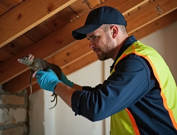 Technician inspecting a roof cavity for a dead rat in South Geelong